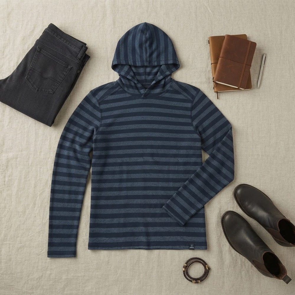 prAna Breathe Hoodie Mens Small Blue Striped Pullover Yoga Activewear Gorpcore